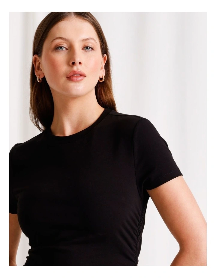 Asymmetrical Hem Ruched T-Shirt in Black image 3