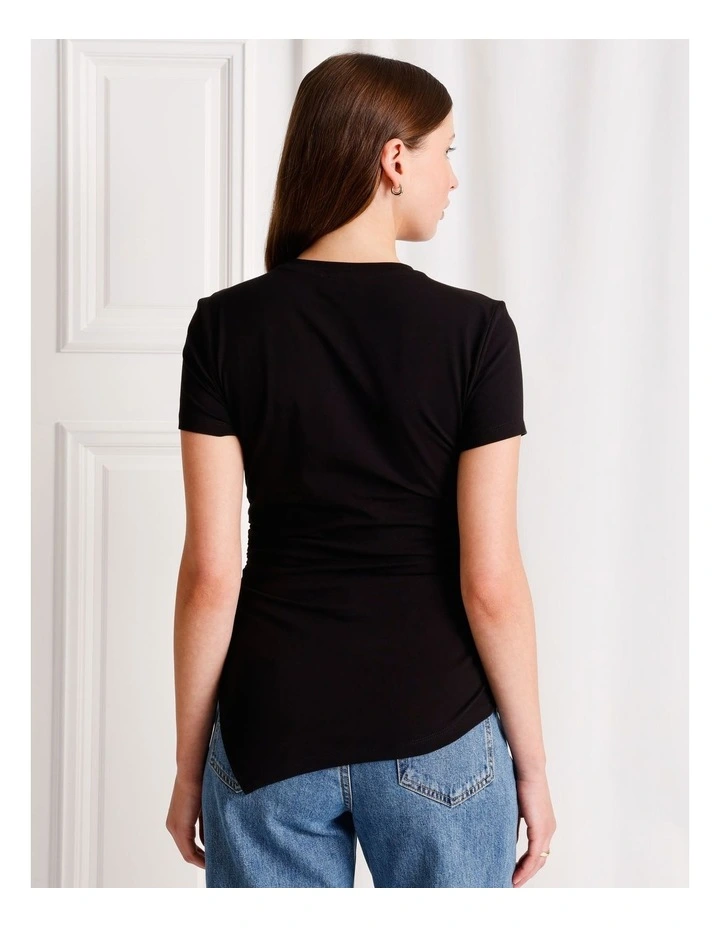 Asymmetrical Hem Ruched T-Shirt in Black image 5
