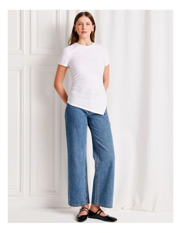 Asymmetrical Hem Ruched T-Shirt in White image 2
