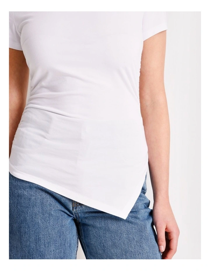 Asymmetrical Hem Ruched T-Shirt in White image 3