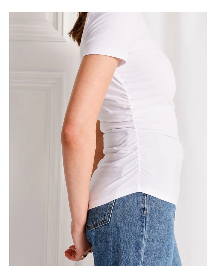 Asymmetrical Hem Ruched T-Shirt in White image 5