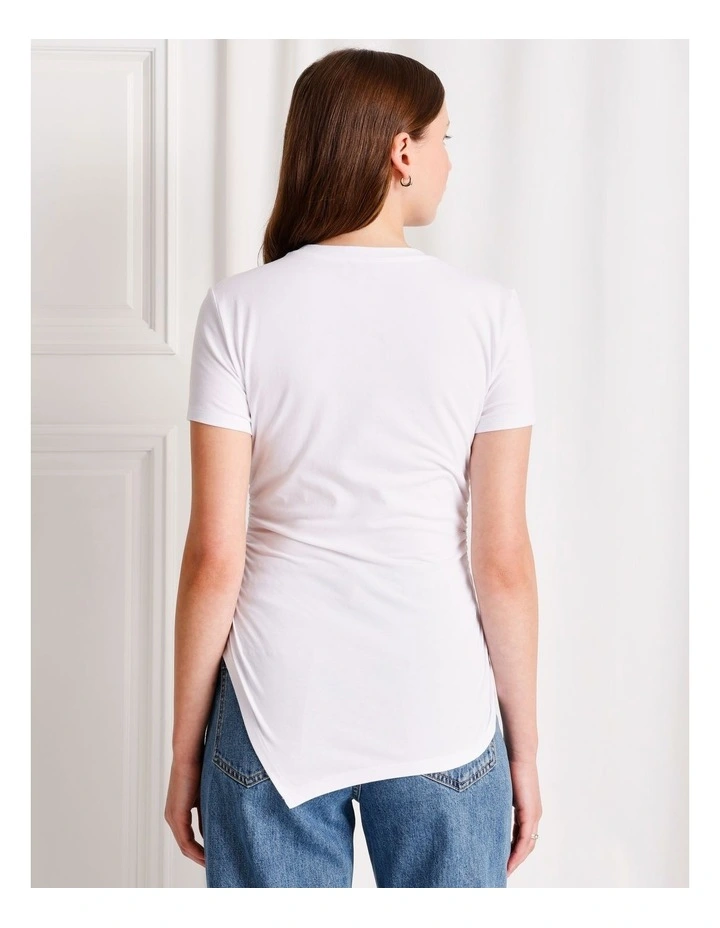 Asymmetrical Hem Ruched T-Shirt in White image 6