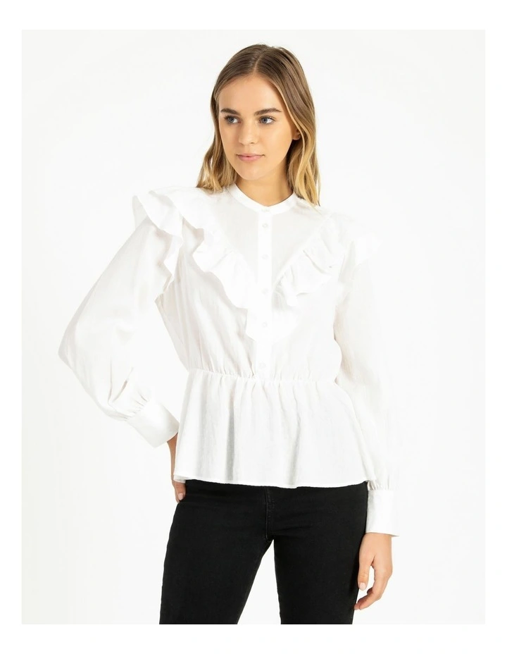 White high neck ruffle blouse clearance