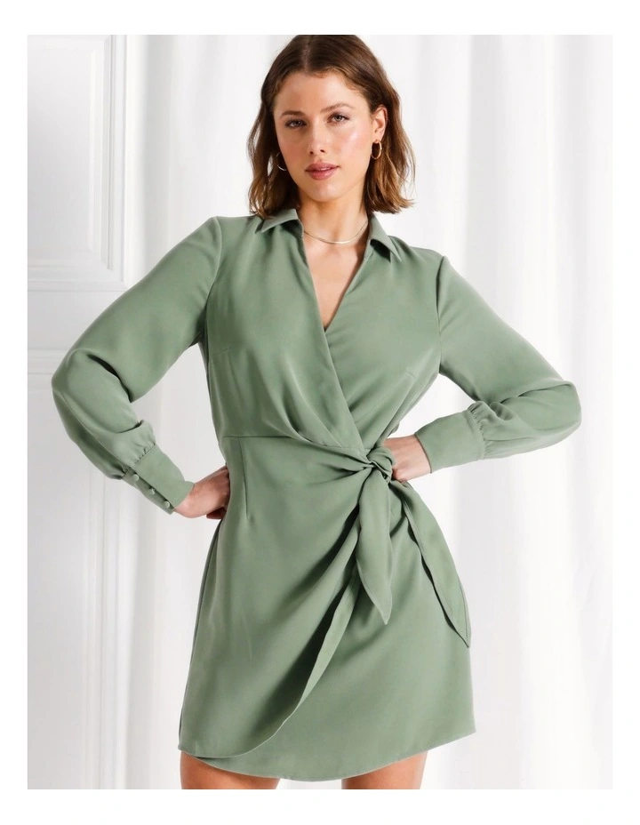 Recycled Blend Satin Mini Shirt Dress in Khaki image 2