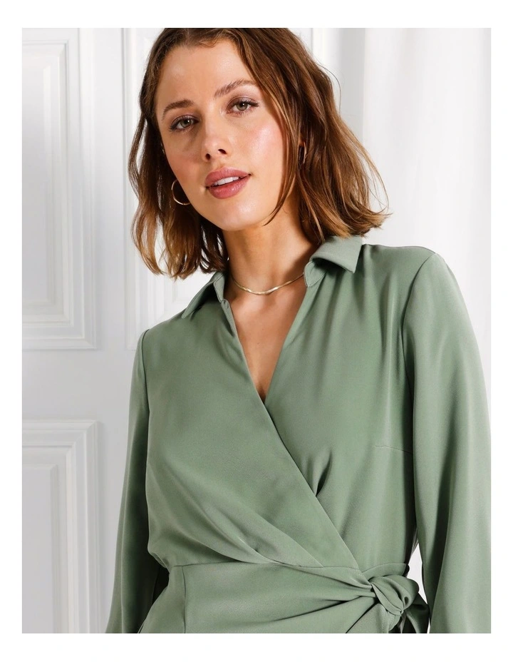 Recycled Blend Satin Mini Shirt Dress in Khaki image 3