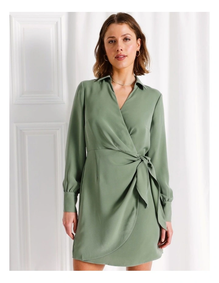 Recycled Blend Satin Mini Shirt Dress in Khaki image 4