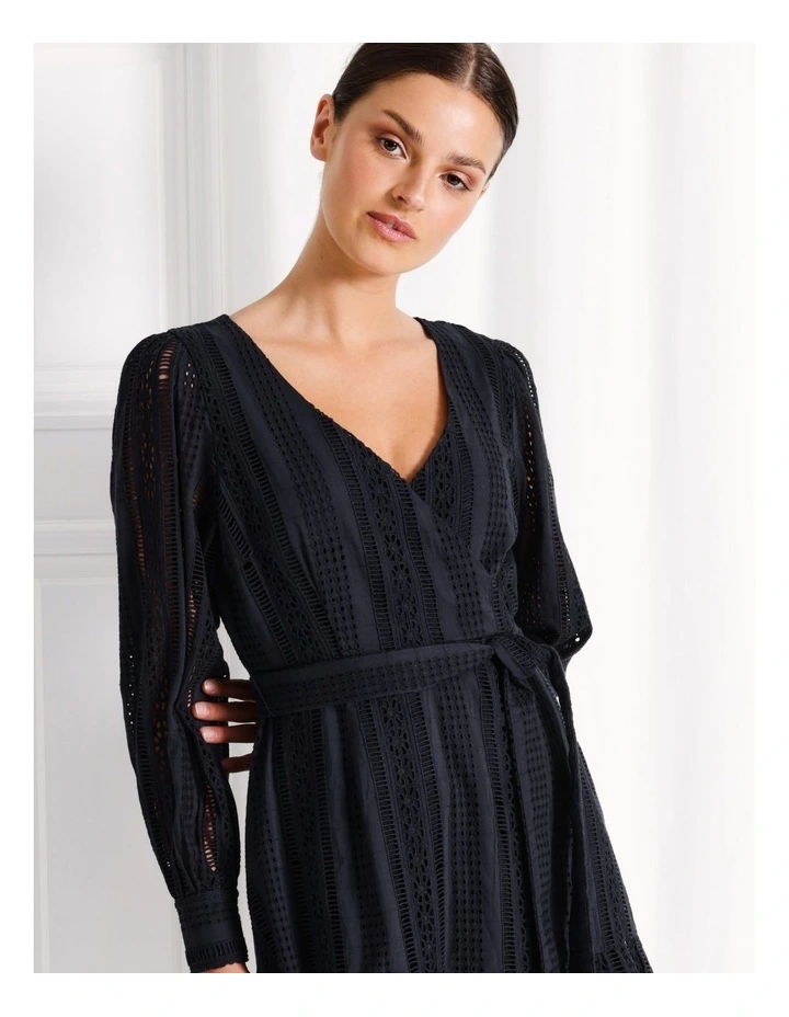 Cotton Broderie Long Sleeve Mini Dress in Navy image 2
