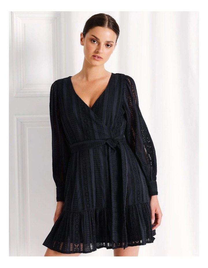Cotton Broderie Long Sleeve Mini Dress in Navy image 3
