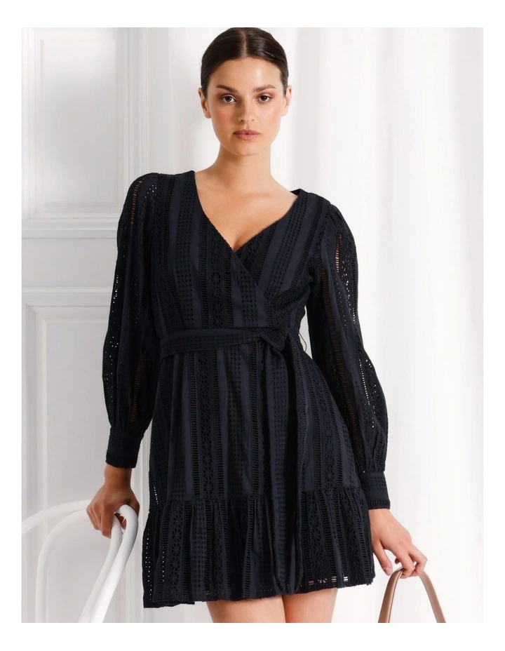 Cotton Broderie Long Sleeve Mini Dress in Navy image 5
