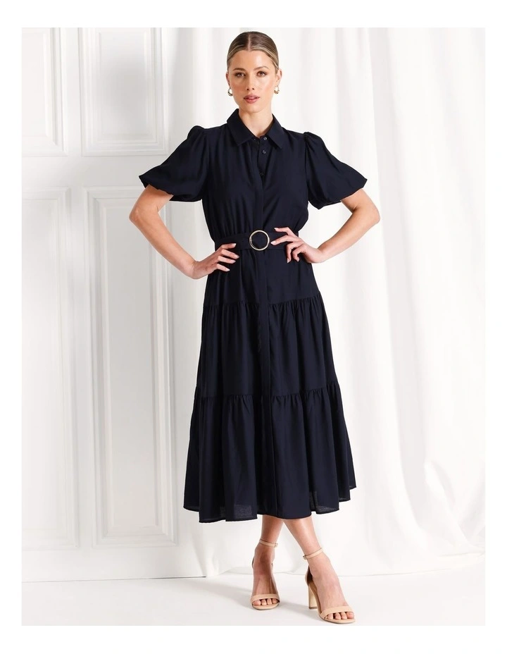 Puff Sleeve Belted Midi Shirt Dress in Navy image 1
