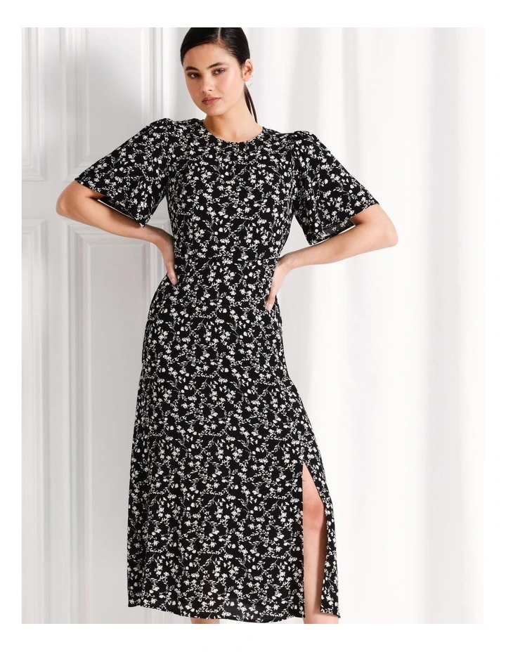 Flutter Sleeve A-Line Midi Dress in Black image 2