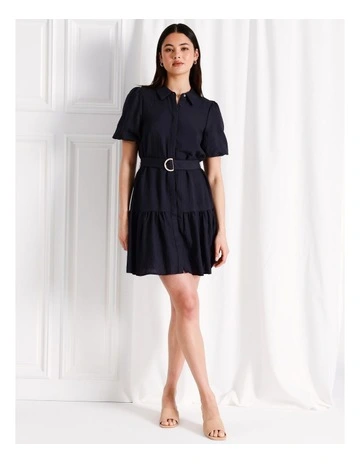 Puff Sleeve Mini Shirt Dress in Navy