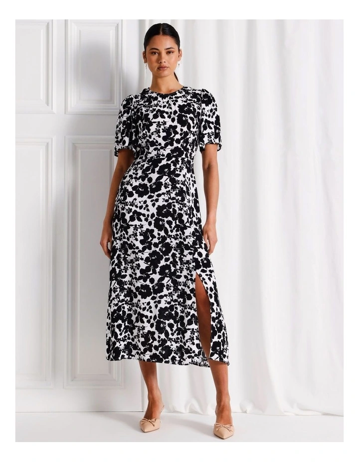 Flutter Sleeve A-Line Midi Dress in Black/White image 1