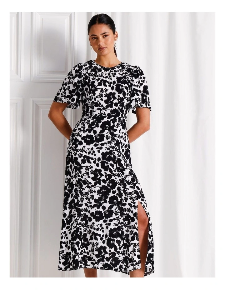 Flutter Sleeve A-Line Midi Dress in Black/White image 2