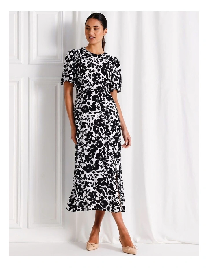 Flutter Sleeve A-Line Midi Dress in Black/White image 3