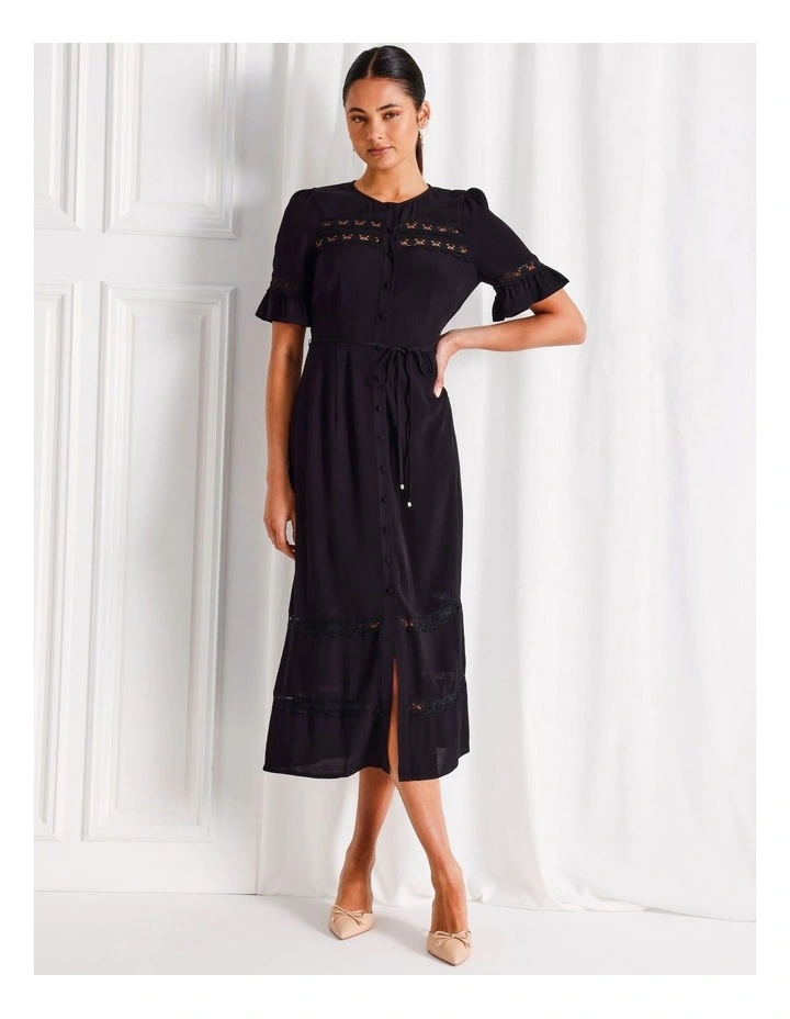 Lace Trim Button Through Midi Dress in Black image 1