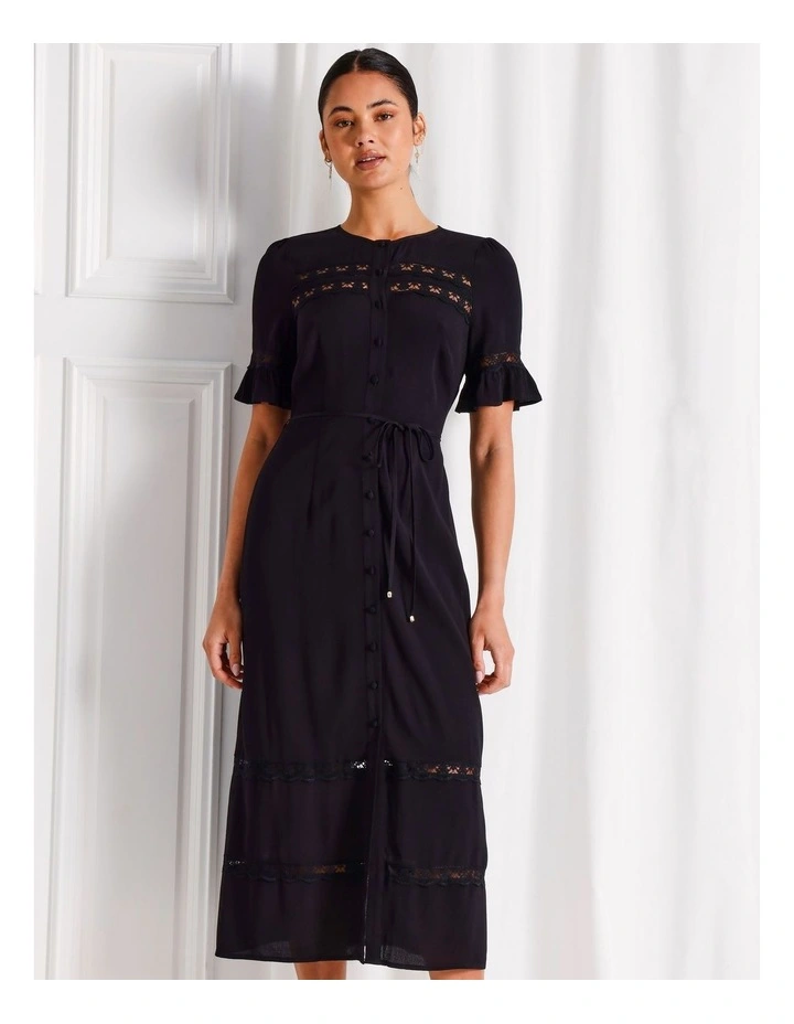 Lace Trim Button Through Midi Dress in Black image 2