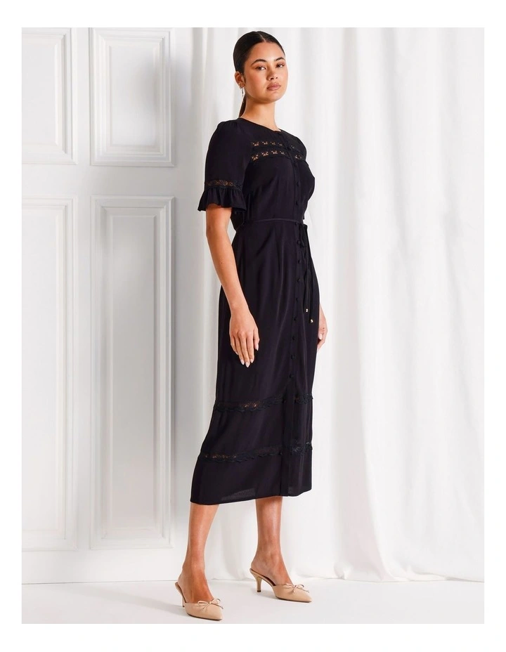 Lace Trim Button Through Midi Dress in Black image 3