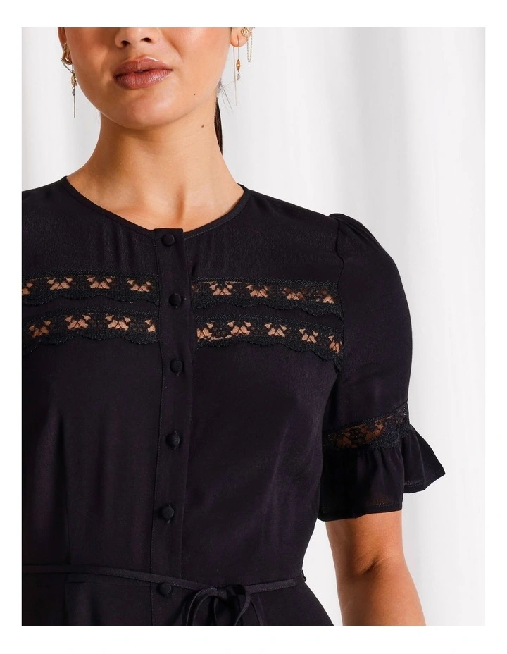 Lace Trim Button Through Midi Dress in Black image 4