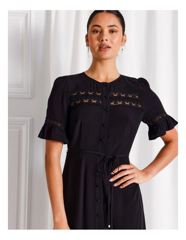 Lace Trim Button Through Midi Dress in Black image 5