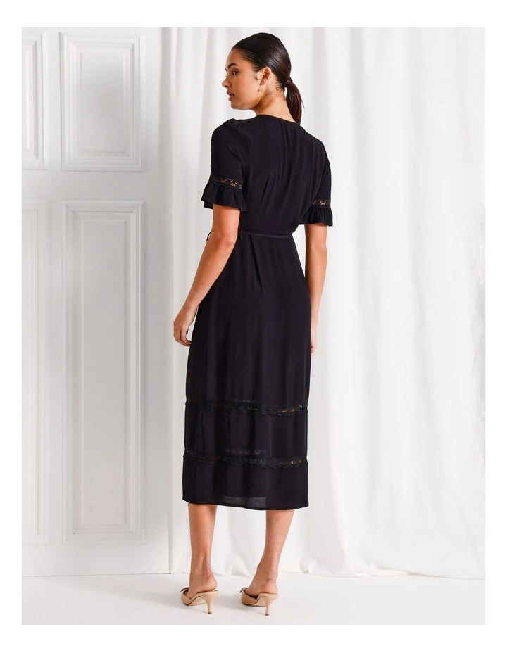 Lace Trim Button Through Midi Dress in Black image 6