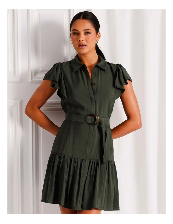 Ruffle Sleeve Mini Shirt Dress in Khaki image 2