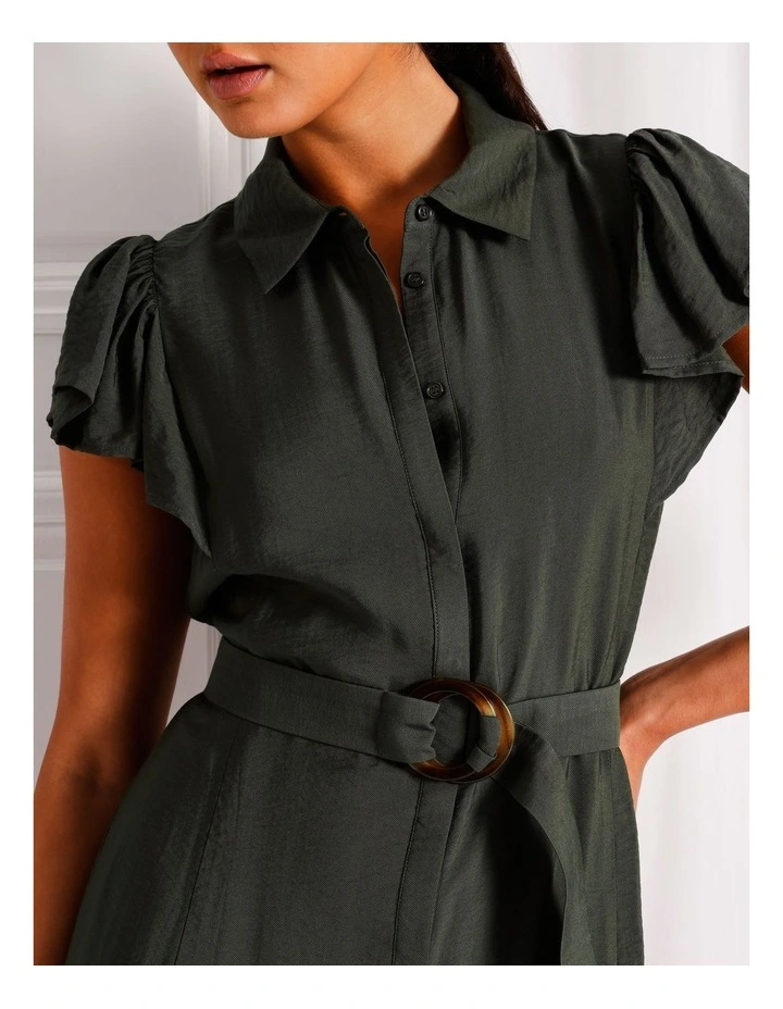 Ruffle Sleeve Mini Shirt Dress in Khaki image 4