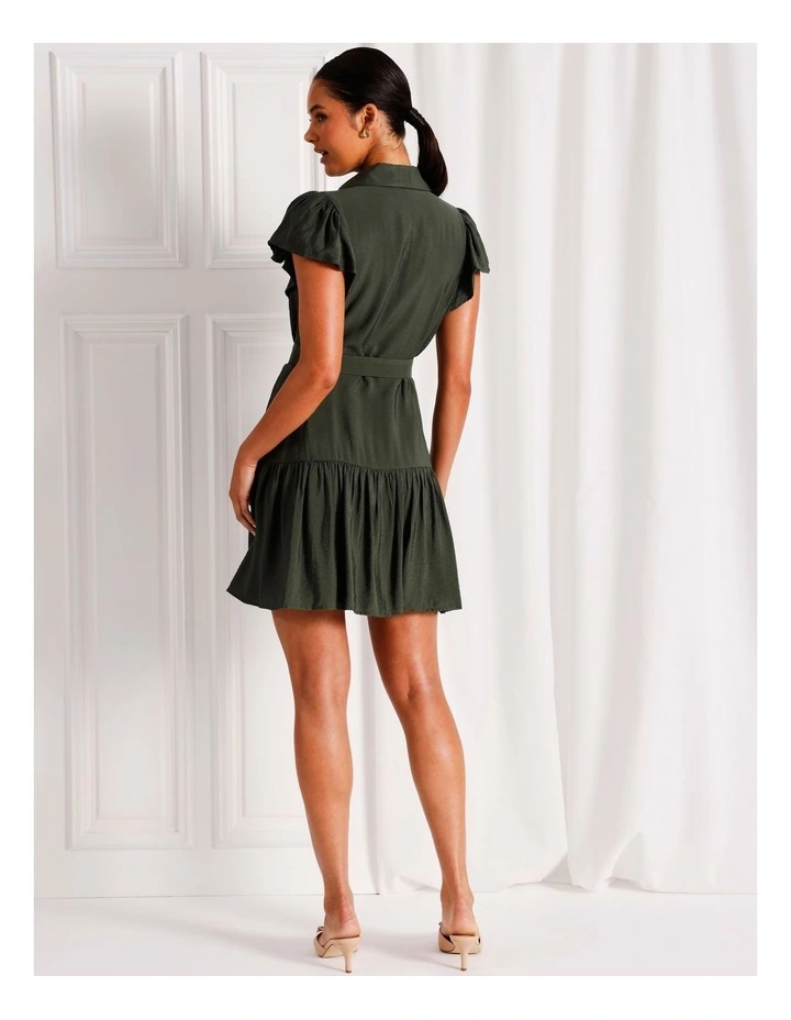 Ruffle Sleeve Mini Shirt Dress in Khaki image 6