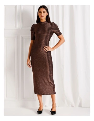 Glittery Jersey Ruched Sleeve Dress in Burnt Orange