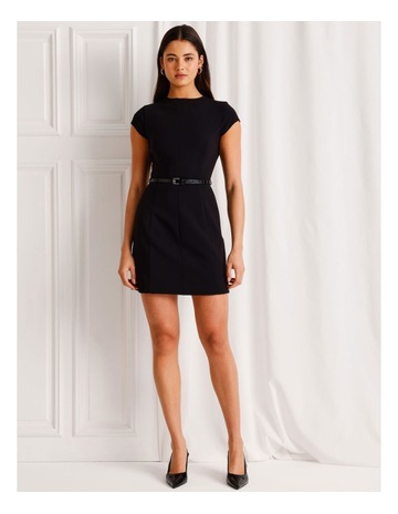 Cap Sleeve Mini Dress With Belt in Black