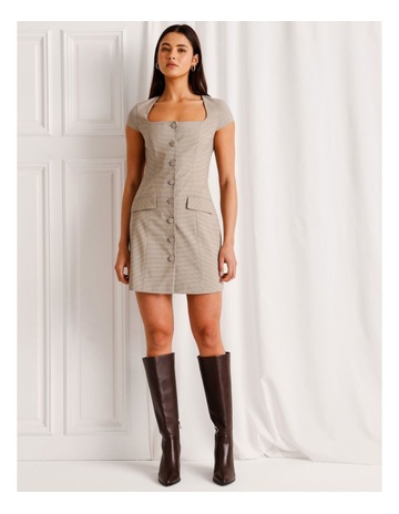 Check Square Neck Tailored Mini Dress in Brown