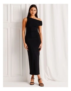 Glitter Off The Shoulder Drape Dress in Black
