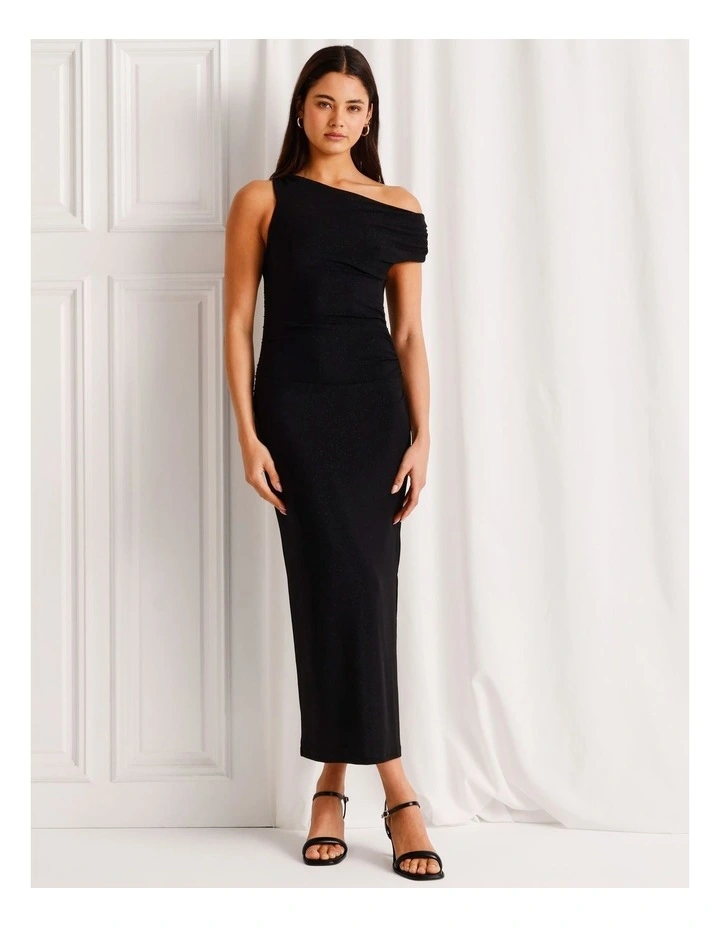 Glitter Off The Shoulder Drape Dress in Black image 1