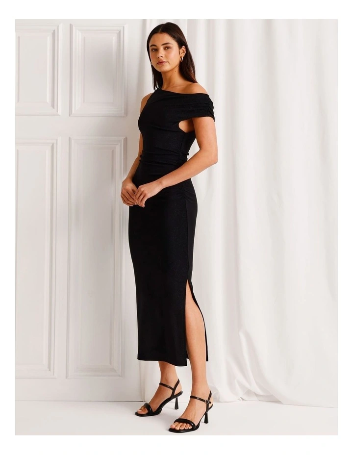 Glitter Off The Shoulder Drape Dress in Black image 2