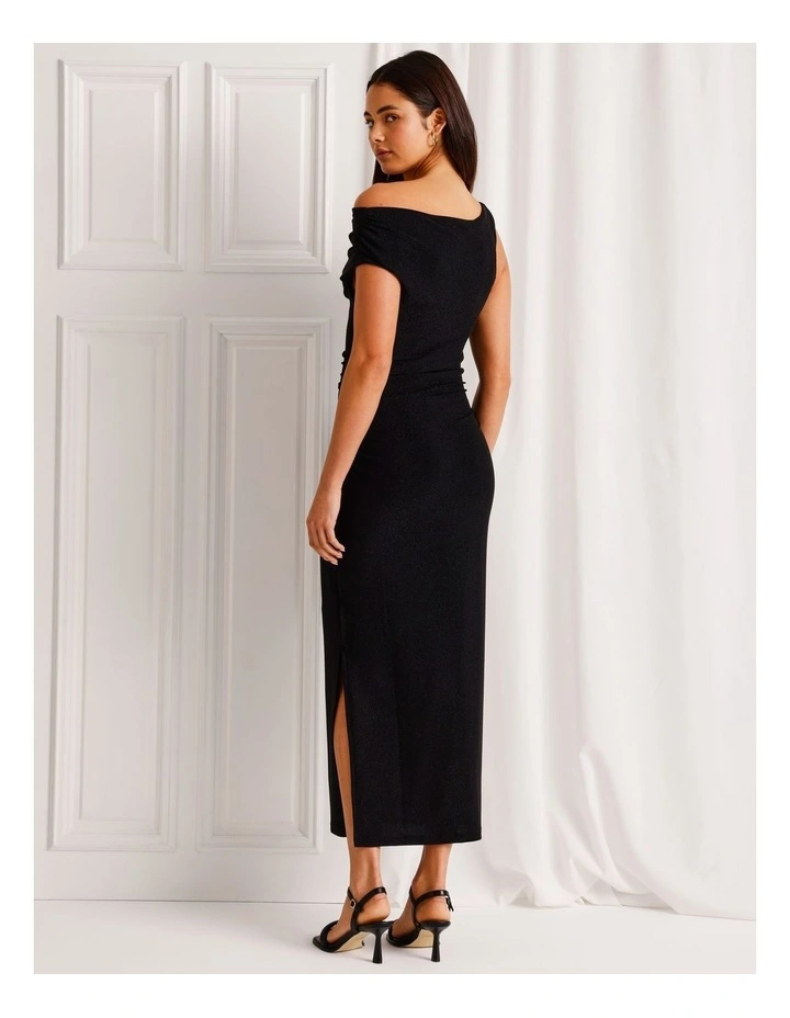 Glitter Off The Shoulder Drape Dress in Black image 5