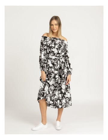 Mono Floral Print Midi Dress Black 