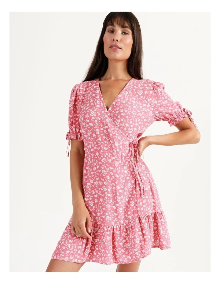 Tokito Tie Sleeve Tropical Print Wrap Mini Tea Dress Watermelon Pink Myer