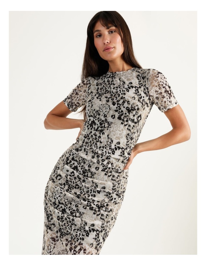 Tokito Ruched Mesh Animal Print Midi 