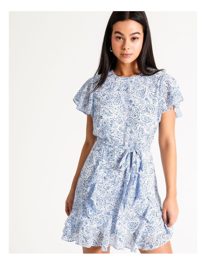 Flutter Sleeve Ruffle Recycled Blend Mini Dress Blue Paisley