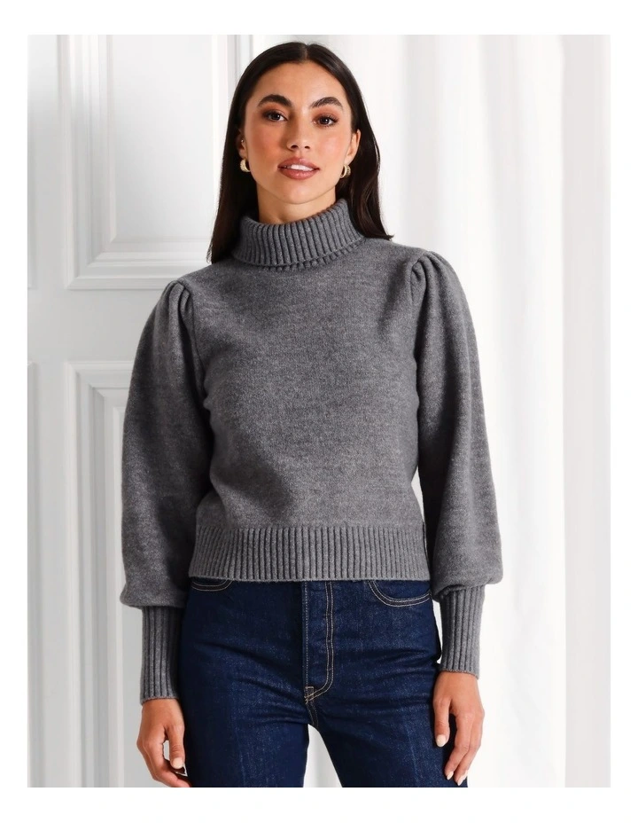 Recycled Blend Lofty Roll Neck Blouson Sleeve Jumper in Charcoal image 1