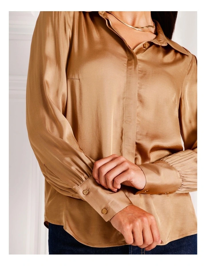 Satin Shirt in Camel image 3