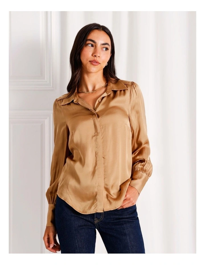 Satin Shirt in Camel image 4