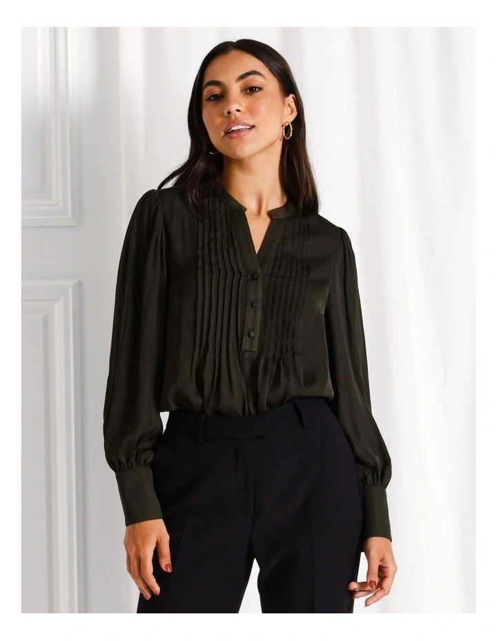 Recycled Blend Satin Pintuck Long Sleeve Blouse in Khaki image 4
