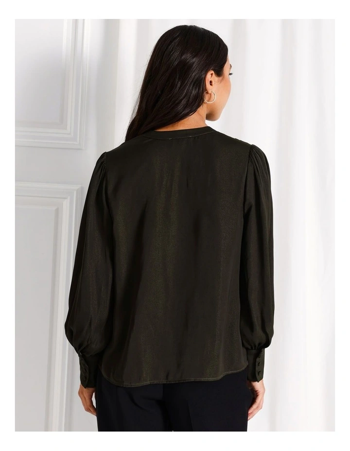 Recycled Blend Satin Pintuck Long Sleeve Blouse in Khaki image 5