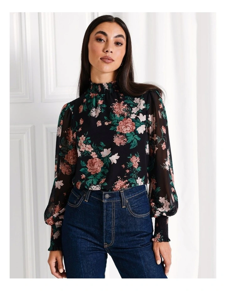 Recycled High Neck Shirred Top in Black image 1