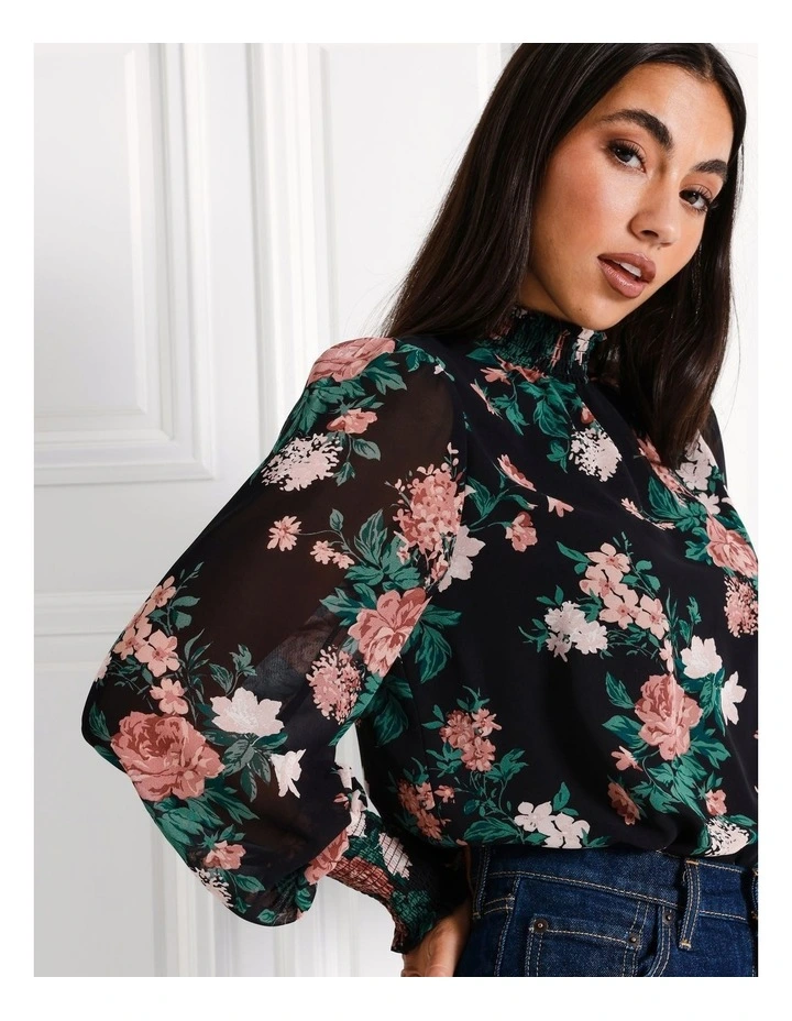 Recycled High Neck Shirred Top in Black image 2