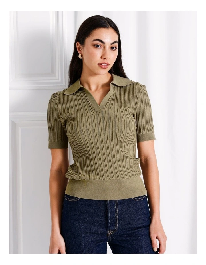 V Neck Pointelle Knit Polo