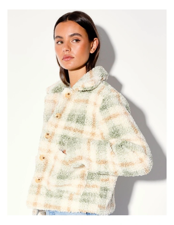 Recycled Teddy Jacket Check in Sage image 3