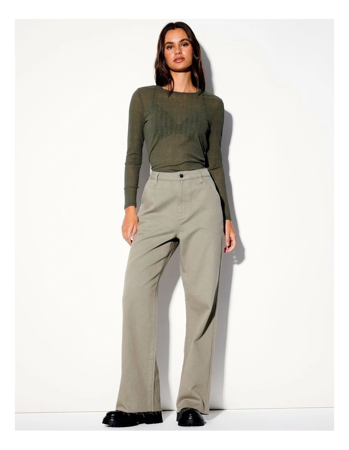 Long Sleeve Crew Neck Sheer Tee in Khaki image 2