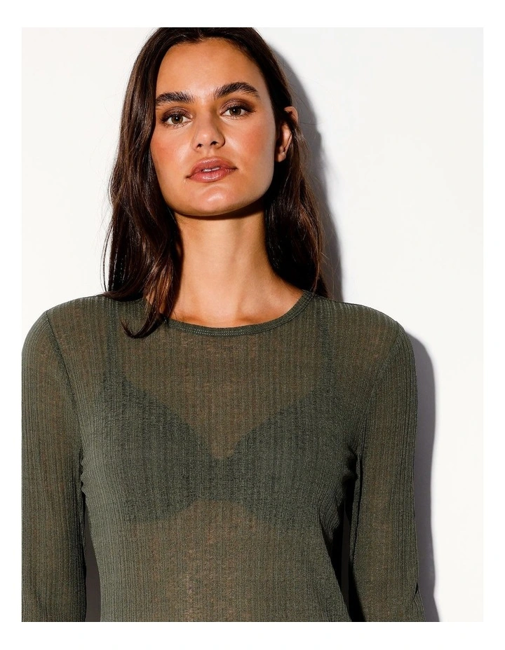 Long Sleeve Crew Neck Sheer Tee in Khaki image 3